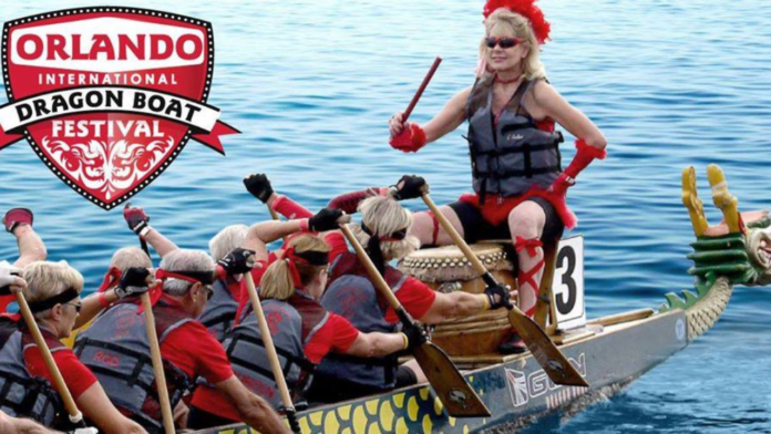 Dragon boat team racing at Orlando Dragon Boat Festival